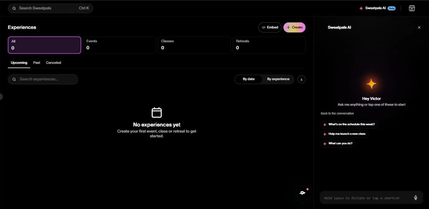 Sweatpals AI panel open on the right side of the dashboard Sweatpals AI panel open on the right side of the dashboard