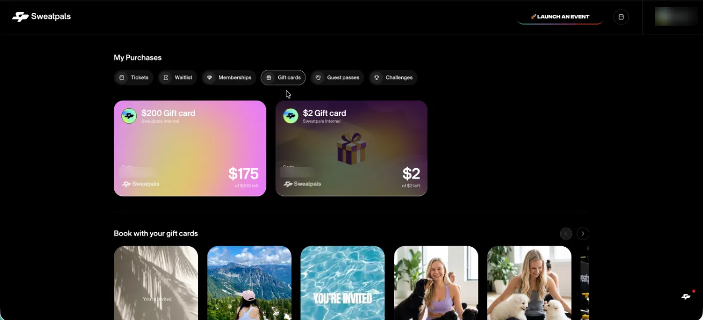 Gift cards tab in My Purchases