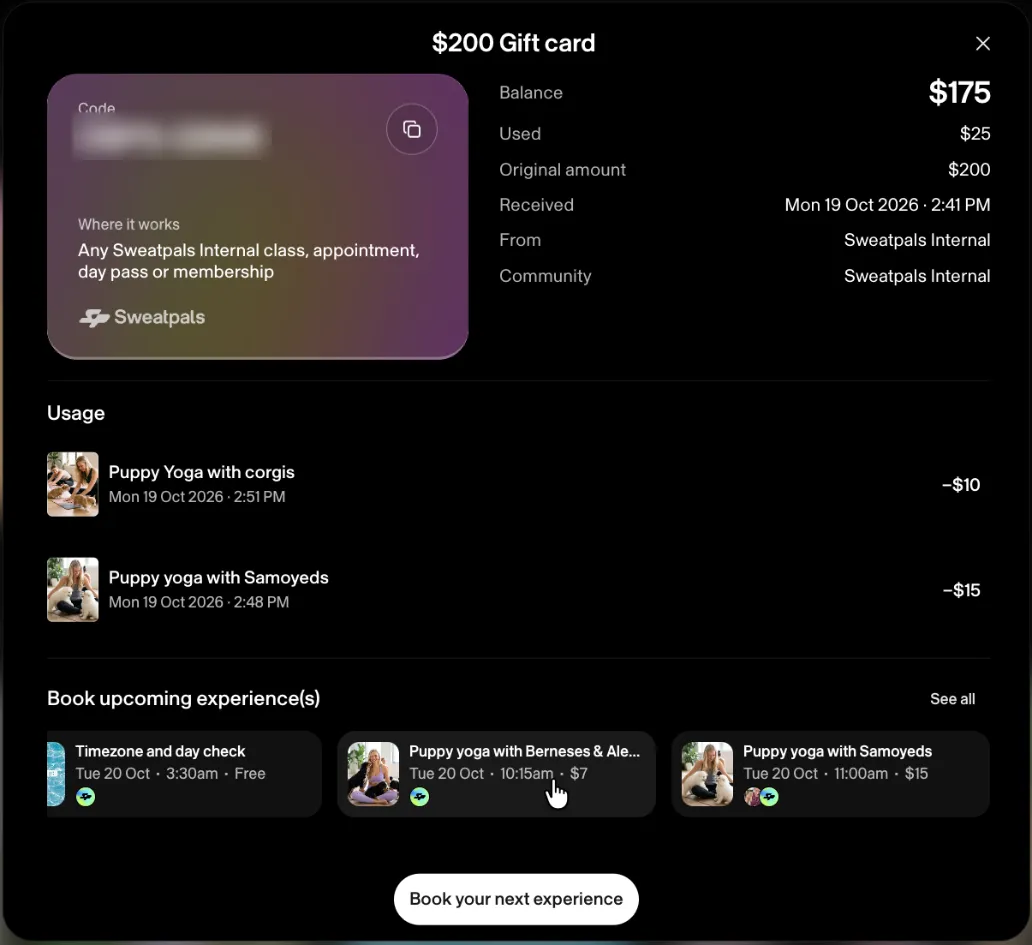 Gift card details with balance, usage and upcoming experiences
