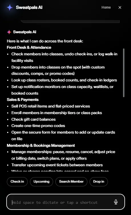 Sweatpals AI listing what it can do for a host Sweatpals AI listing what it can do for a host