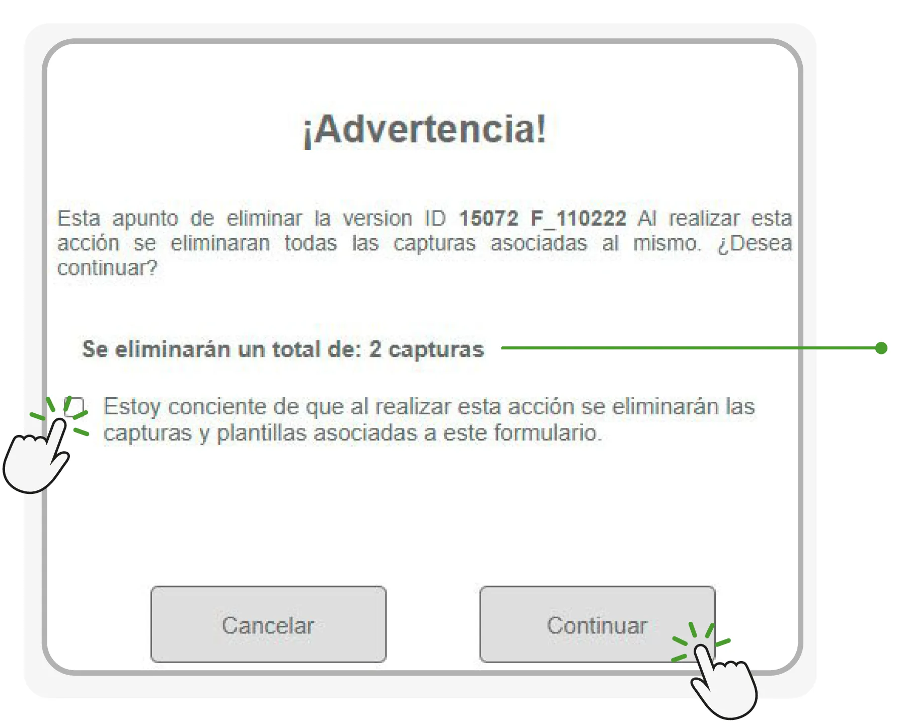 Cantidad de capturas asociadas a la versión del formulario a eliminar.