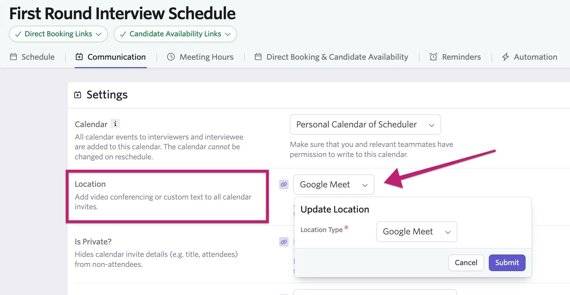 Screenshot of the Location dropdown menu in the interview activity settings showing video conferencing options.