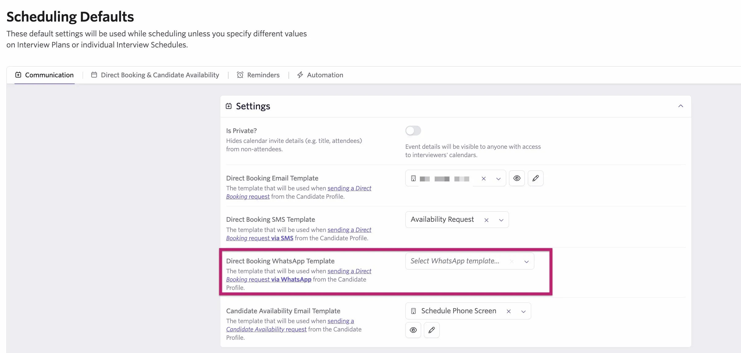 The screenshot shows the Direct Booking WhatsApp Template dropdown.