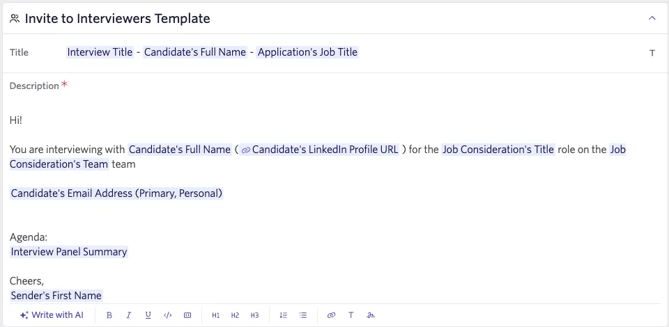 Invite to interviewers template settings. Invite to interviewers template settings.