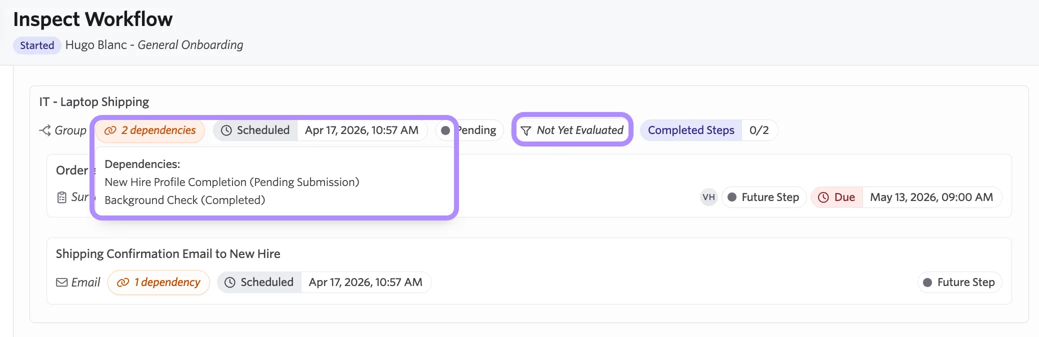 Screenshot of the step dependency and filter status view in Inspect mode Screenshot of the step dependency and filter status view in Inspect mode