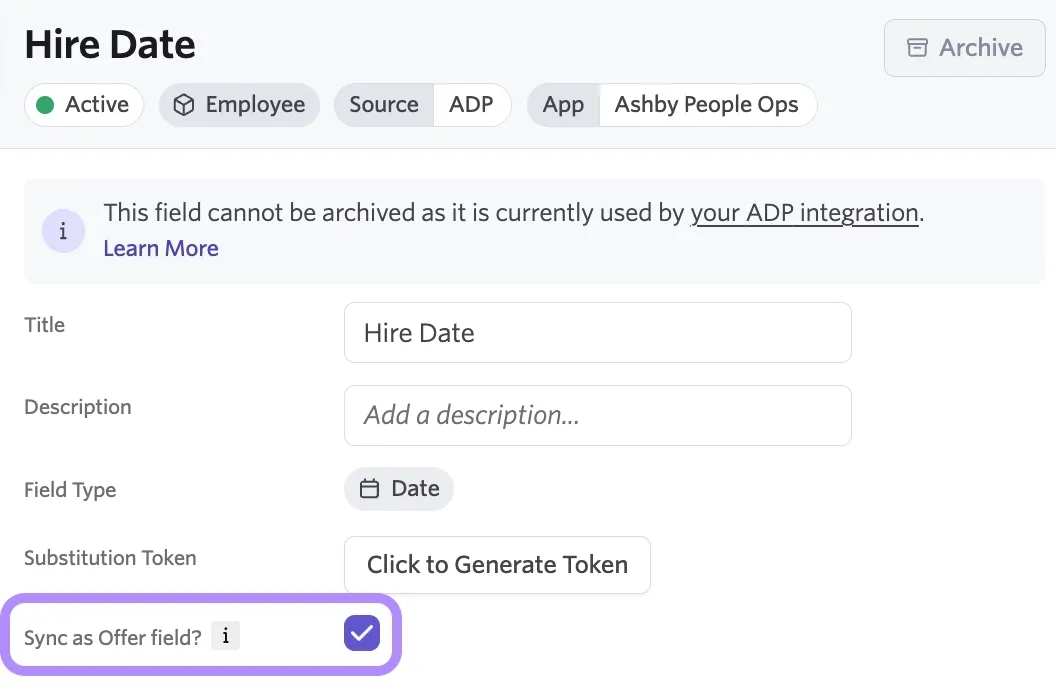 A custom field with the Sync as Offer Field option checked.