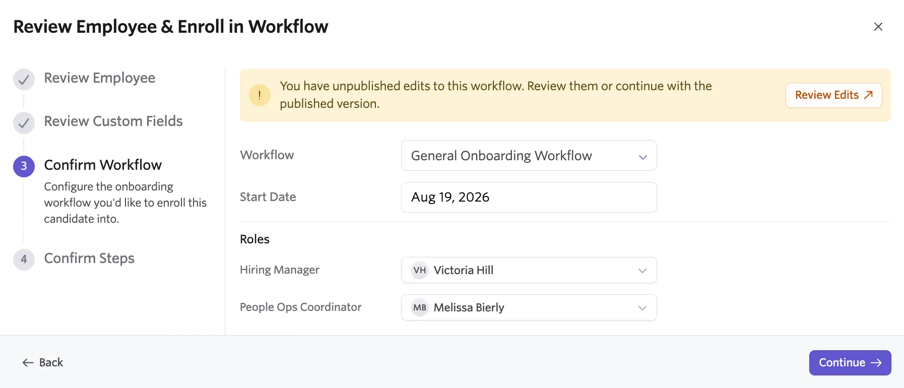 Screenshot of the workflow enrollment wizard at the Confirm Workflow step