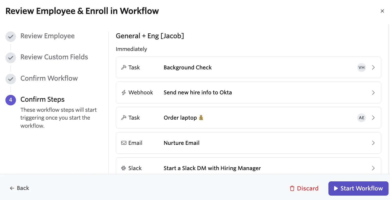 Screenshot of the workflow review screen showing employee details, custom fields, and the Start Workflow button