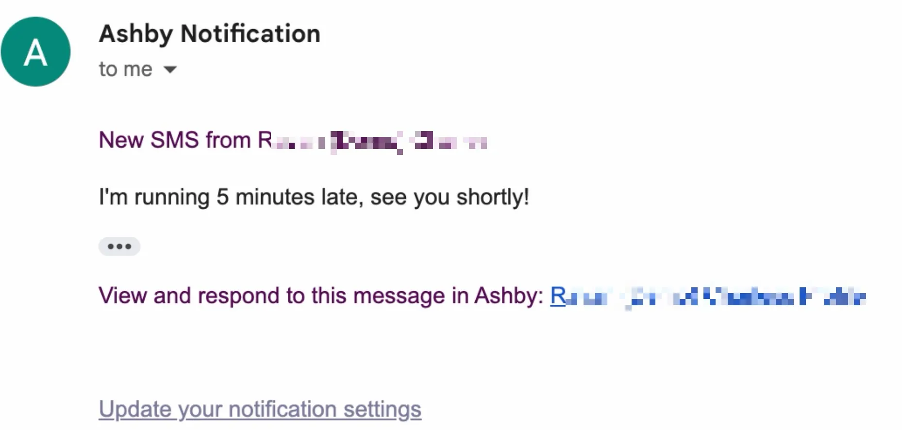The screenshot shows an example of an Ashby notification for a candidate text.