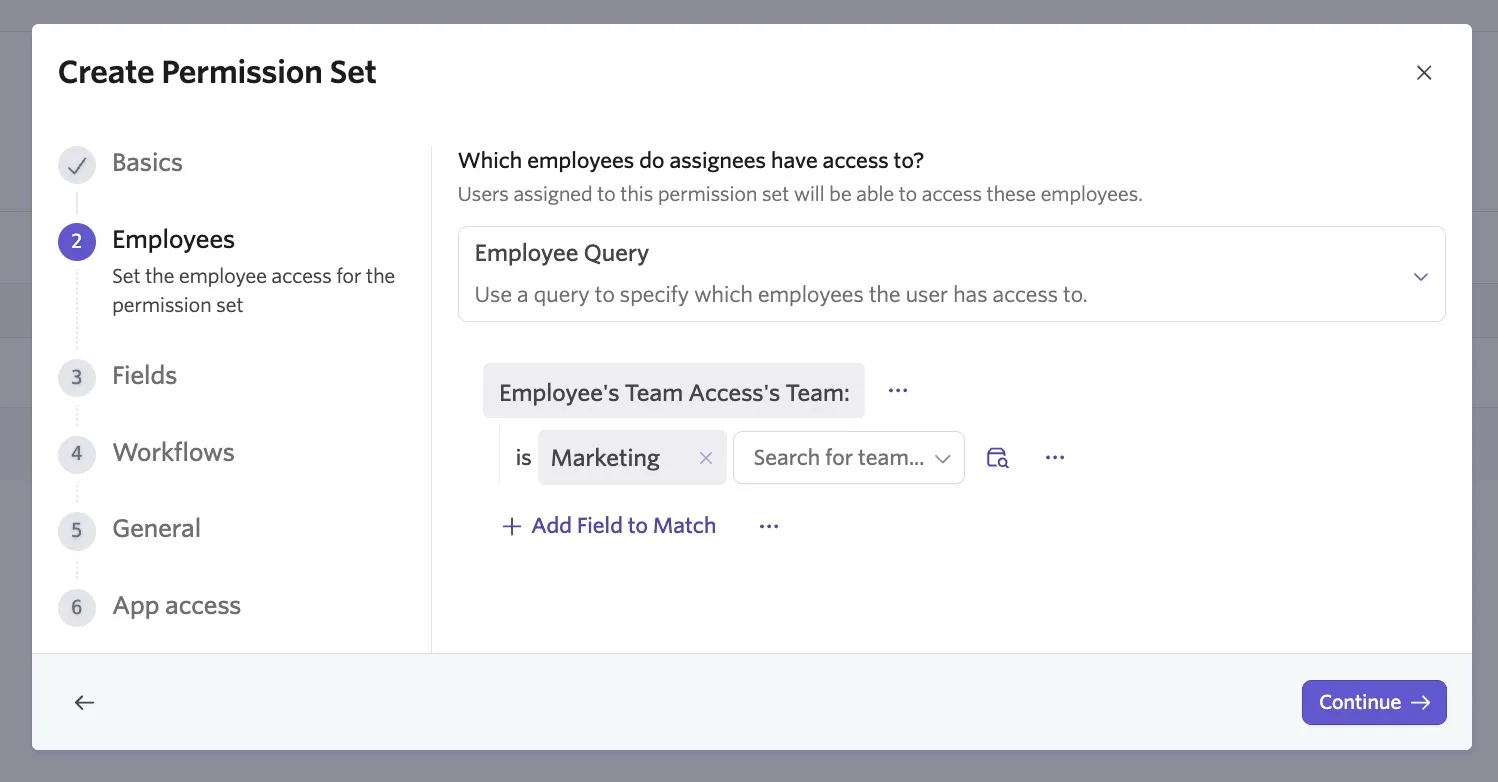 Setting criteria for a permission set with the Employee Query access setting in Employees.