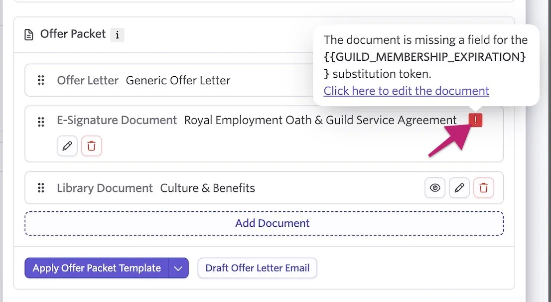 Offer Packet section showing an offer letter, e-signature document, and library document, with an error indicating the e-signature document is missing a field for the GUILD_MEMBERSHIP_EXPIRATION substitution token. Offer Packet section showing an offer letter, e-signature document, and library document, with an error indicating the e-signature document is missing a field for the GUILD_MEMBERSHIP_EXPIRATION substitution token.