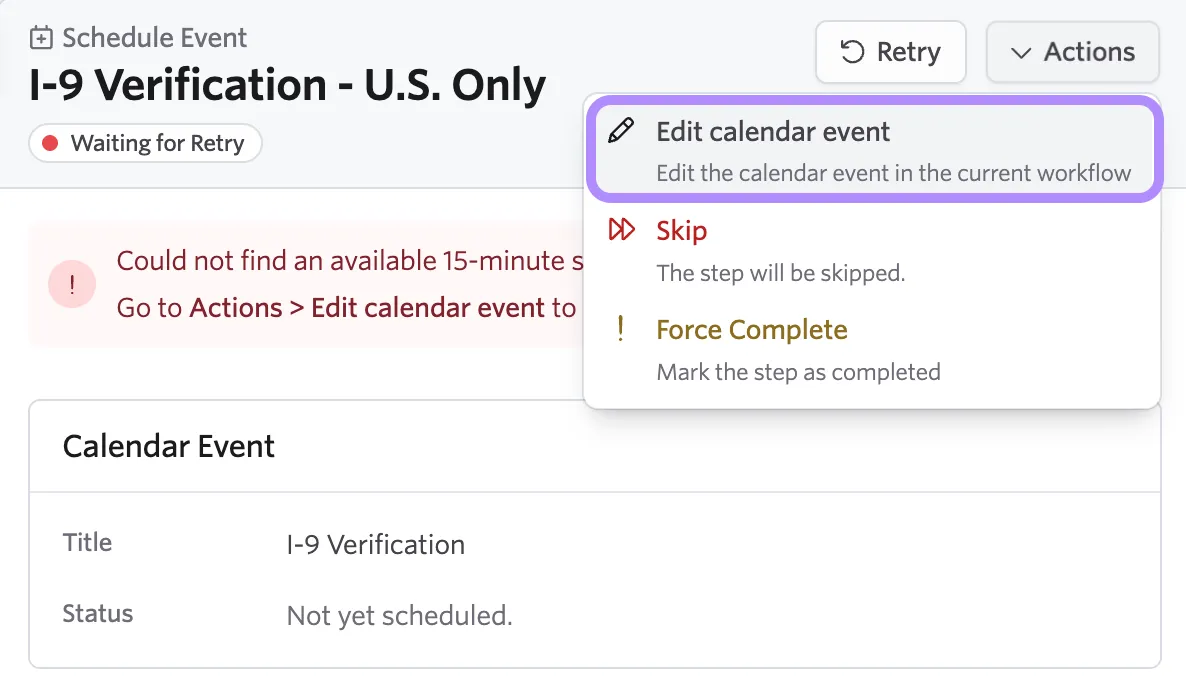 The screenshot shows an event that failed to schedule with the Edit calendar event option highlighted.