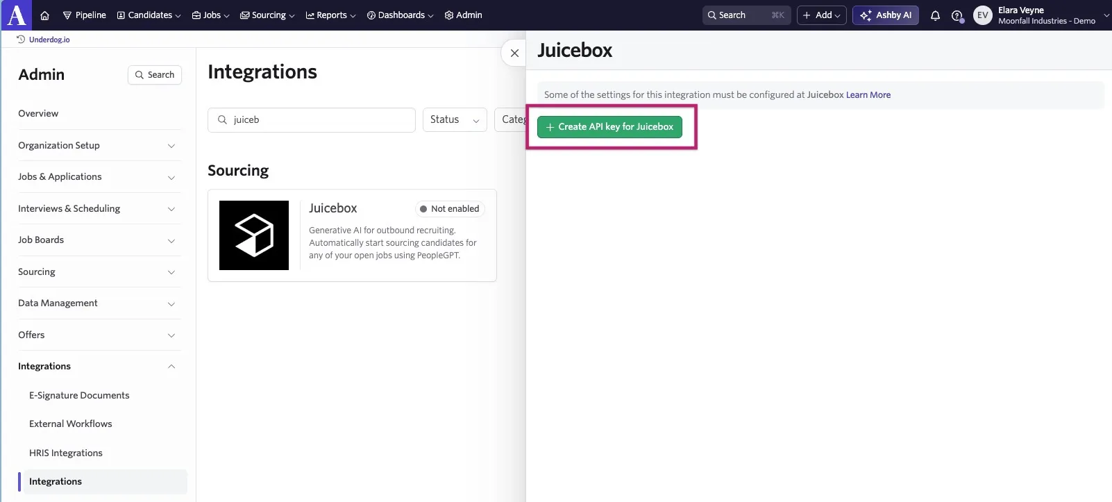 Ashby Admin Integrations page with the Juicebox integration open and the "Create API key for Juicebox" button highlighted. Ashby Admin Integrations page with the Juicebox integration open and the "Create API key for Juicebox" button highlighted.