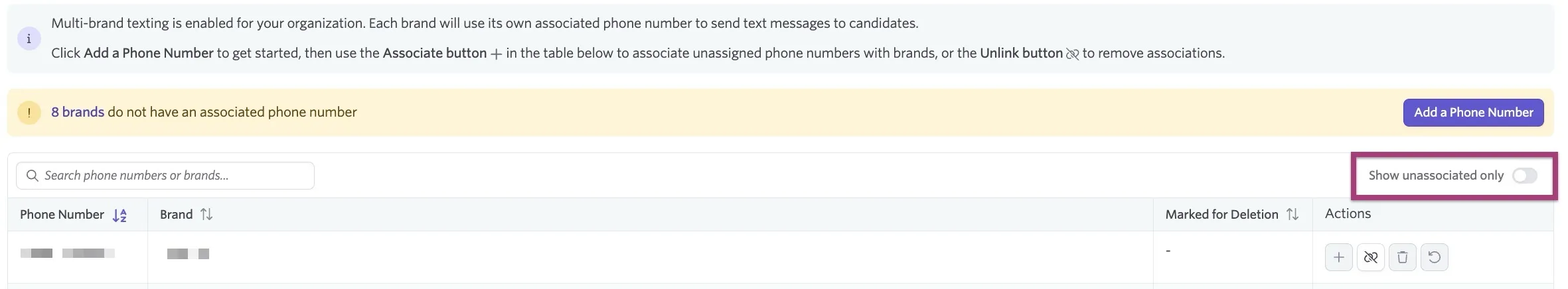 The multi-brand Candidate Texting page with the option to show unassociated phone numbers. The multi-brand Candidate Texting page with the option to show unassociated phone numbers.