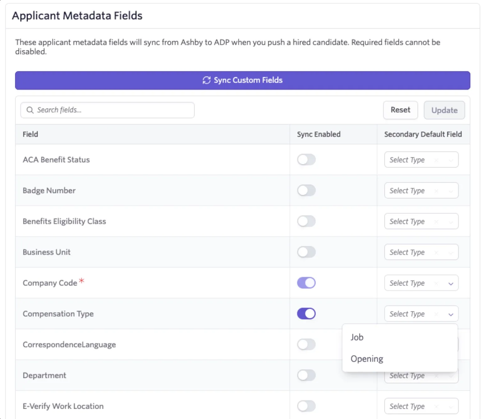 Ashby Applicant Metadata Fields settings for the ADP integration, showing custom fields with sync toggles and secondary default field options. Company Code and Compensation Type are enabled, with the Secondary Default Field dropdown open to select Job or Opening.