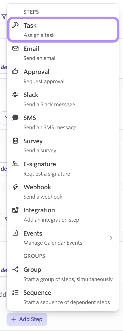 Screenshot of the workflow step picker showing the Task step option