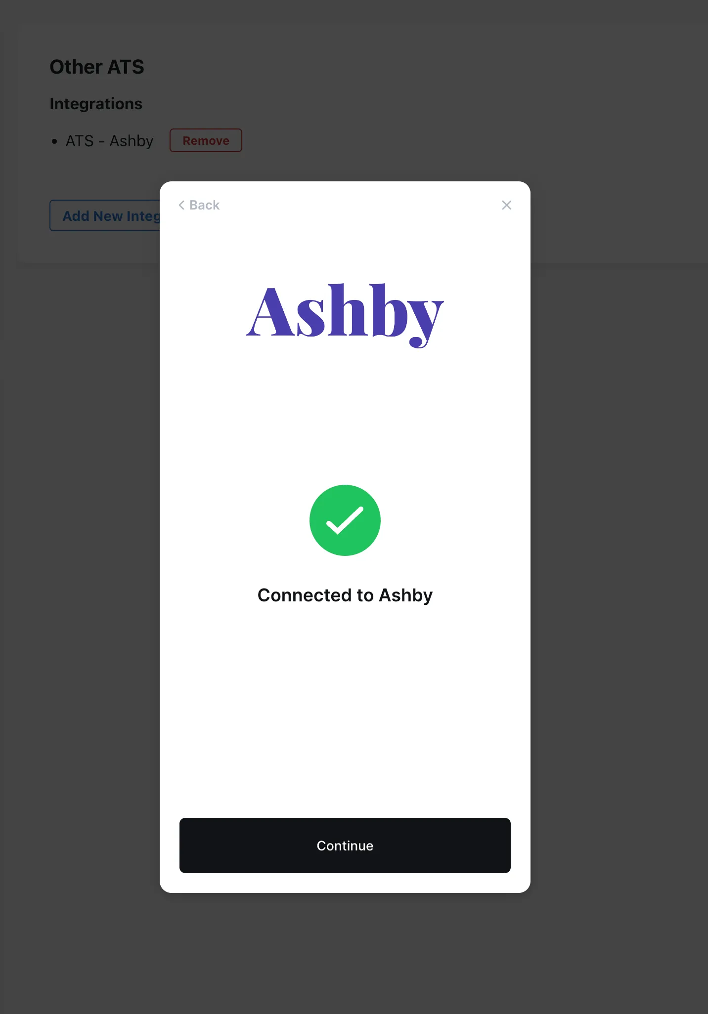 The Success message showing that BrightHire has been successfully connected to Ashby.