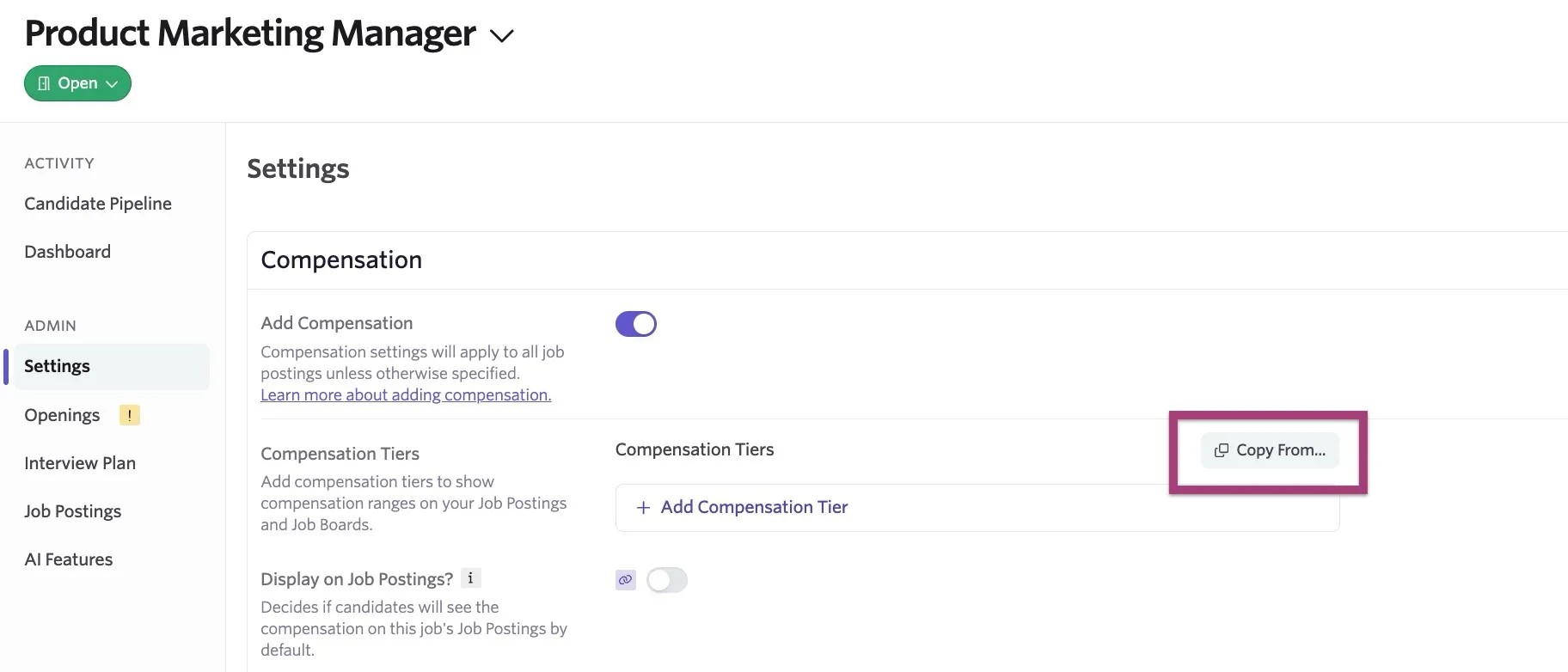 Screenshot of the Copy From option in the Job Compensation Settings Screenshot of the Copy From option in the Job Compensation Settings