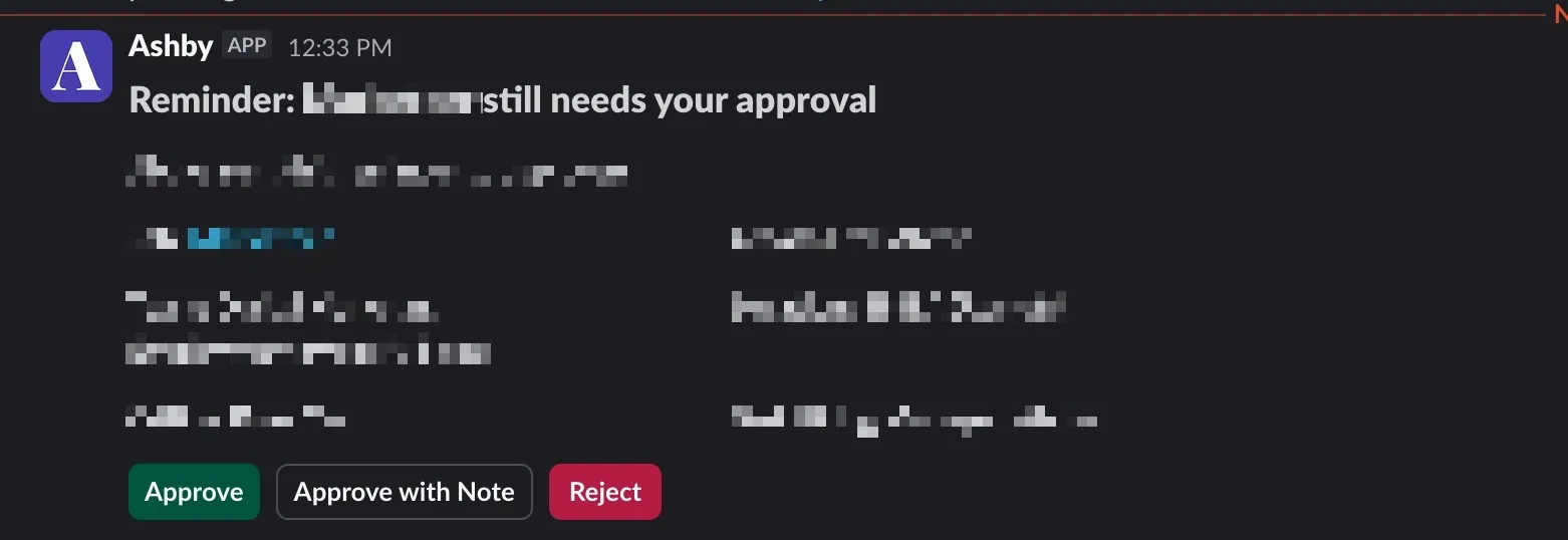 Screenshot of an approval request notification in Slack showing the Approve, Approve with Note, and Deny options.
