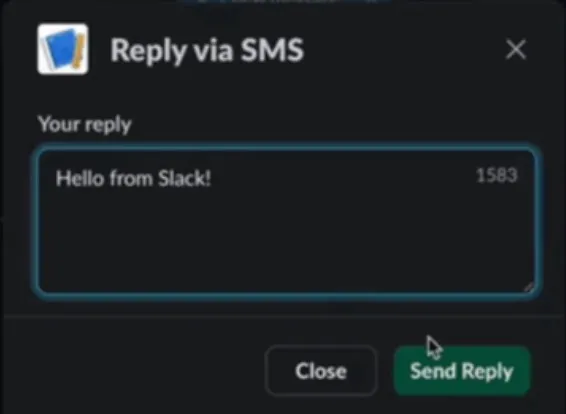 Screenshot of the Reply button on an SMS notification in Slack, showing the option to respond to a candidate text without logging into Ashby.