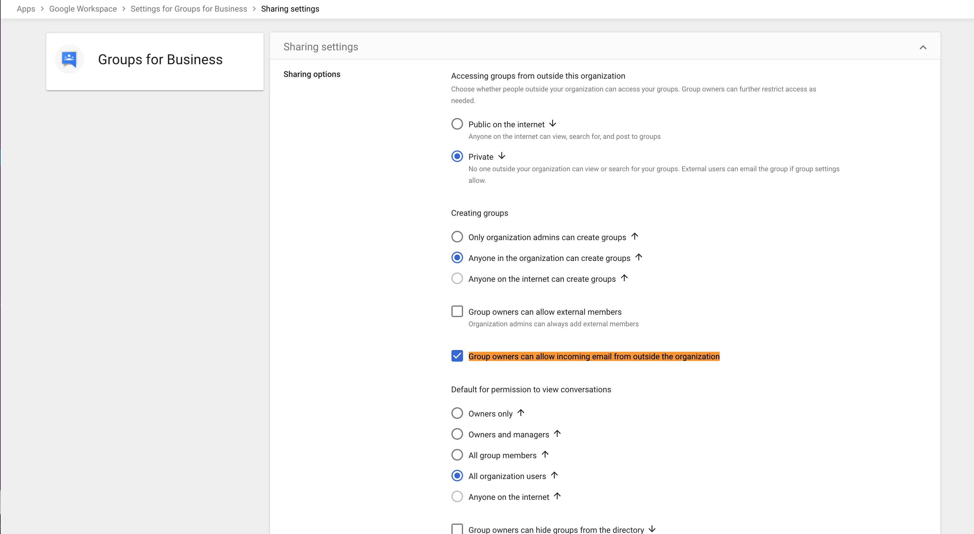 Google Workspace Groups for Business sharing settings with “Group owners can allow incoming email from outside the organization” enabled. Google Workspace Groups for Business sharing settings with “Group owners can allow incoming email from outside the organization” enabled.