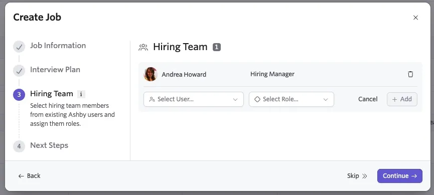 The screenshot shows the Hiring Team step within the job creation wizard where specific users can be added as members of the hiring team.