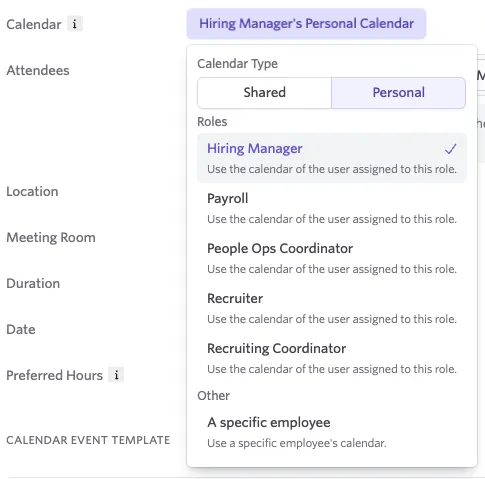The screenshot shows a personal calendar being selected for the event.