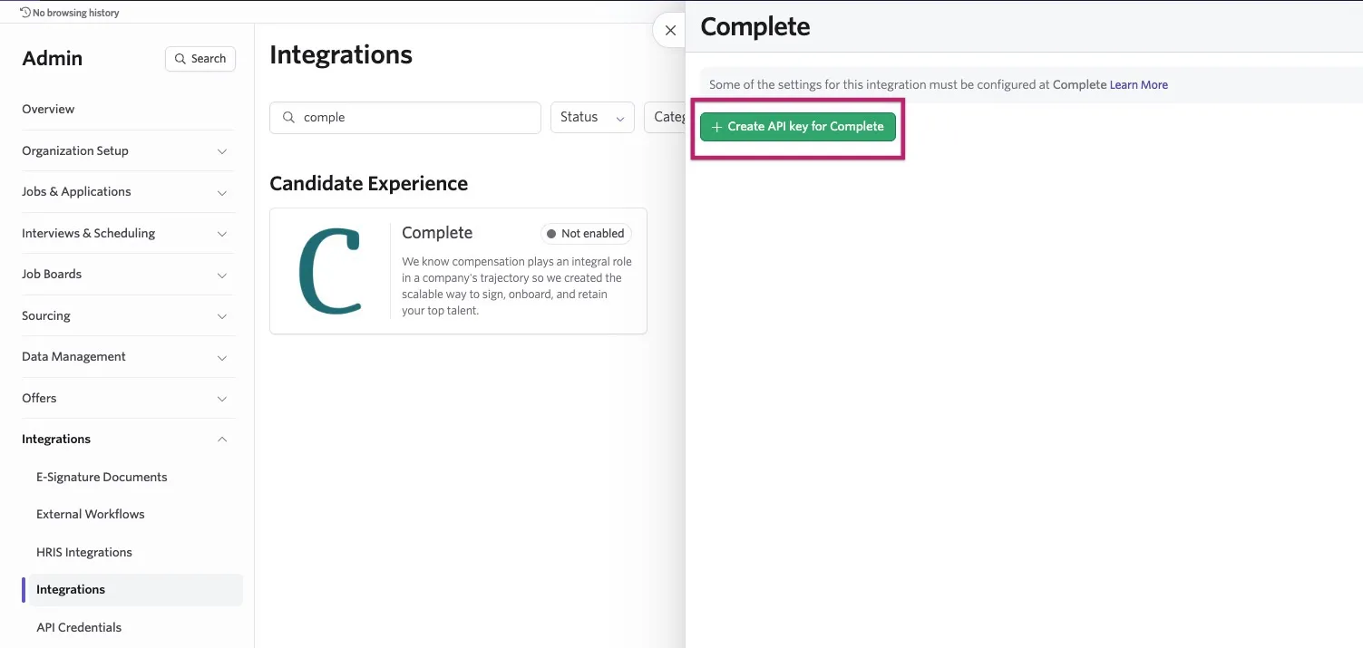 Complete integration settings in Ashby with the “Create API key for Complete” button highlighted. Complete integration settings in Ashby with the “Create API key for Complete” button highlighted.