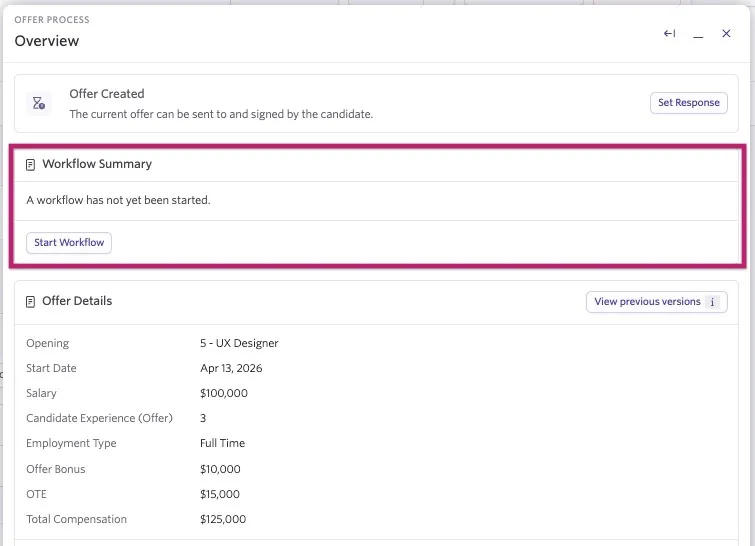 Ashby Offer Process overview with the Workflow Summary section highlighted, showing that no workflow has been started and a “Start Workflow” button.