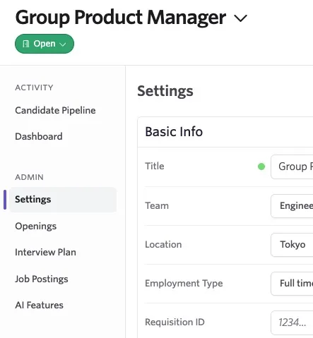 Shows the job status indicator set to Open and green in color.