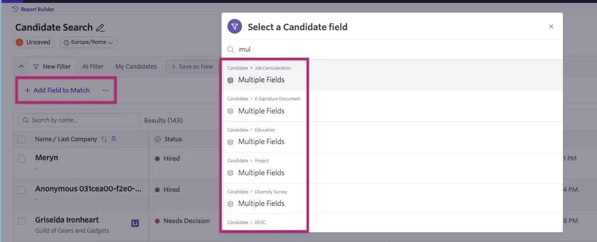 Ashby Candidate Search with the Select a Candidate field dialog open, showing Multiple Fields options across several candidate categories after selecting Add Field to Match.