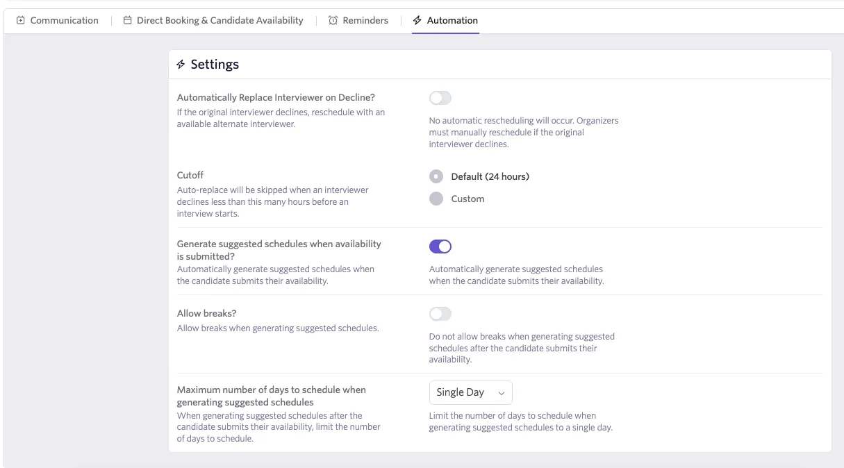 Automation settings for scheduling defaults Automation settings for scheduling defaults