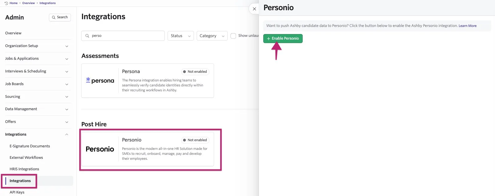 Screenshot of the Integrations page showing the "Enable Personio" button. Screenshot of the Integrations page showing the "Enable Personio" button.