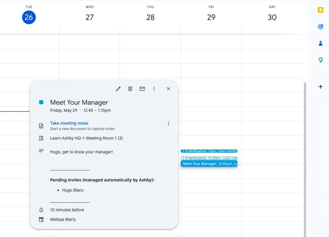 The calendar event scheduled on a Google Calendar.