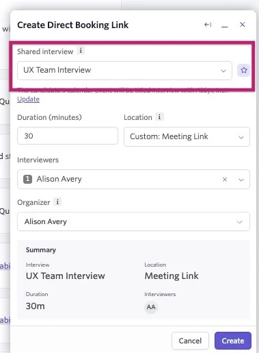 The screenshot shows the menu to create an instant direct booking link with the Shared interview dropdown highlighted. The screenshot shows the menu to create an instant direct booking link with the Shared interview dropdown highlighted.