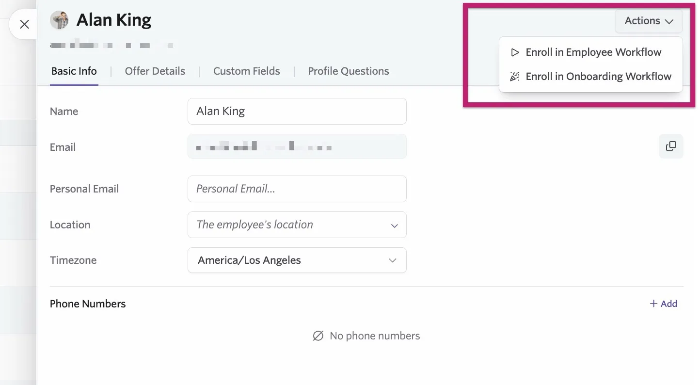 The option to enroll an employee in a workflow from their profile.