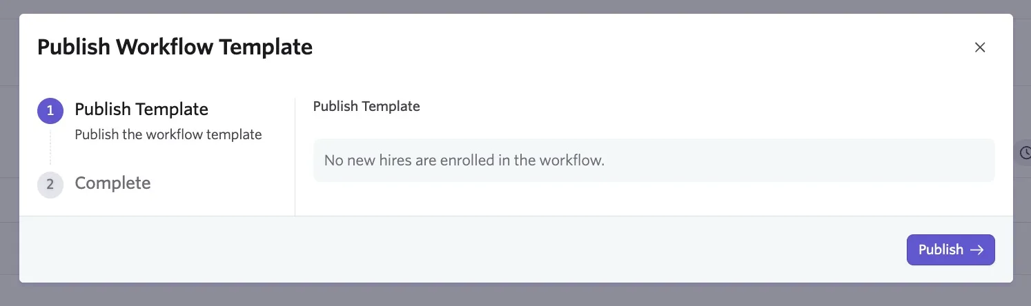 The screenshot shows the publishing process for a workflow template with no new hires enrolled.
