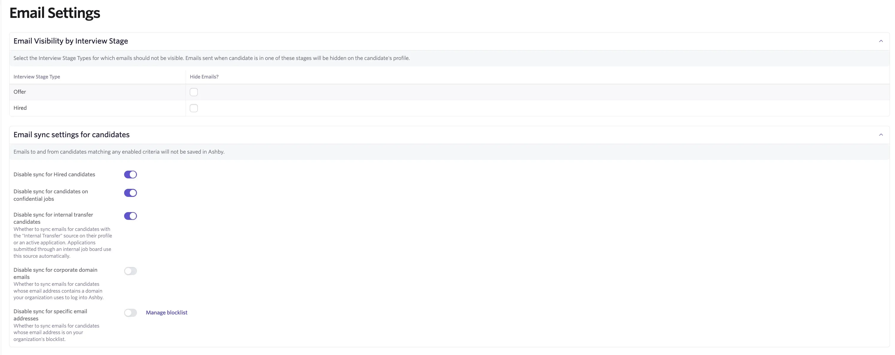 The screenshot shows the Email Settings page with the options to hide emails sent to and from candidates in the Offer and Hired stages.
