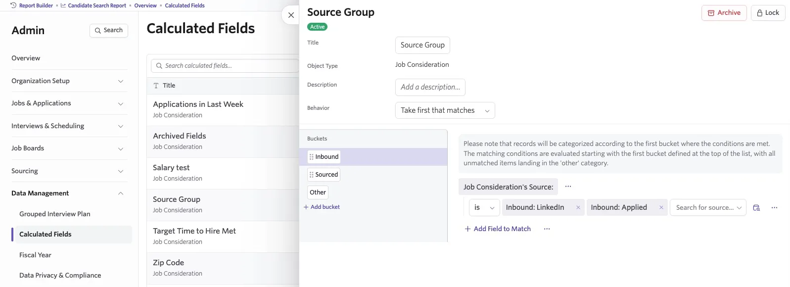 Ashby Calculated Fields settings showing the Source Group field for Job Considerations, with Inbound, Sourced, and Other buckets and source-matching criteria configured for the Inbound bucket.