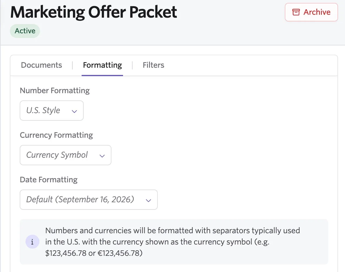 Marketing Offer Packet template on the Formatting tab, with options to configure number, currency, and date formatting for the offer packet. Marketing Offer Packet template on the Formatting tab, with options to configure number, currency, and date formatting for the offer packet.