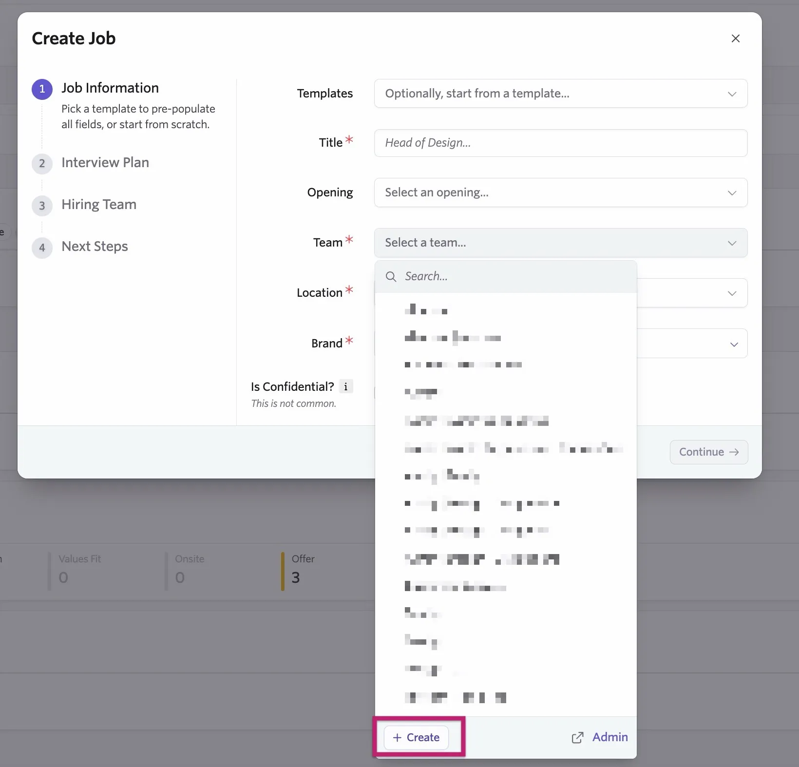 The option to create a team in-line when creating a new job.