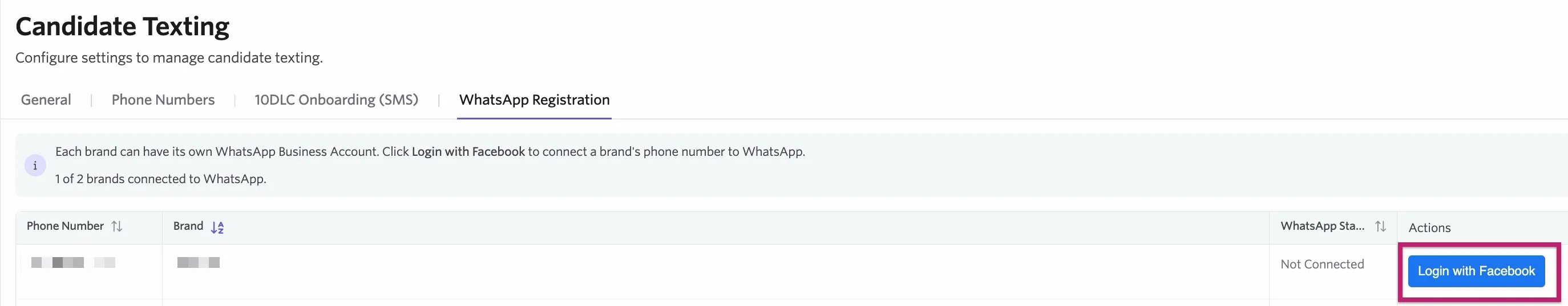 The screenshot shows a brand with the option to Login with Facebook to connect up to a WhatsApp business account. The screenshot shows a brand with the option to Login with Facebook to connect up to a WhatsApp business account.