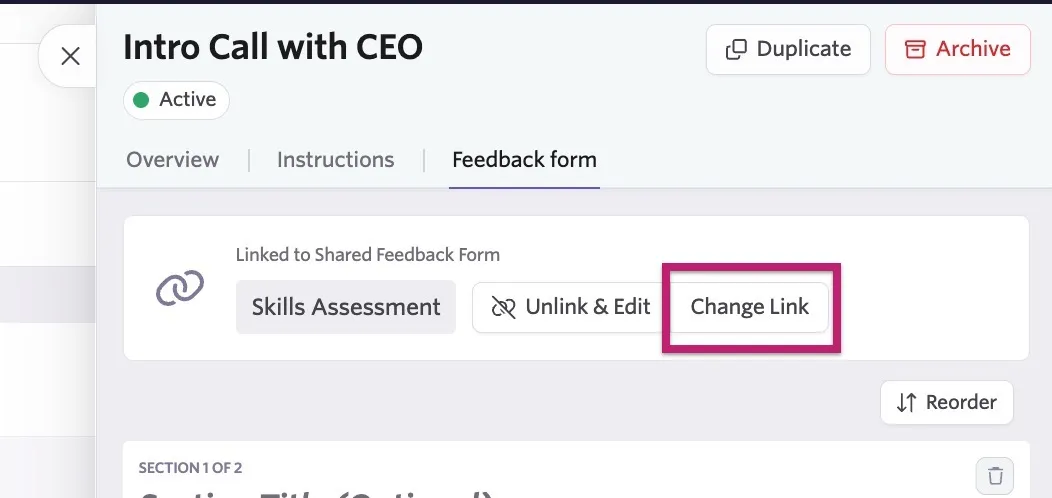The screenshot shows an interview open on the Feedback form tab with the Change Link button highlighted. The screenshot shows an interview open on the Feedback form tab with the Change Link button highlighted.