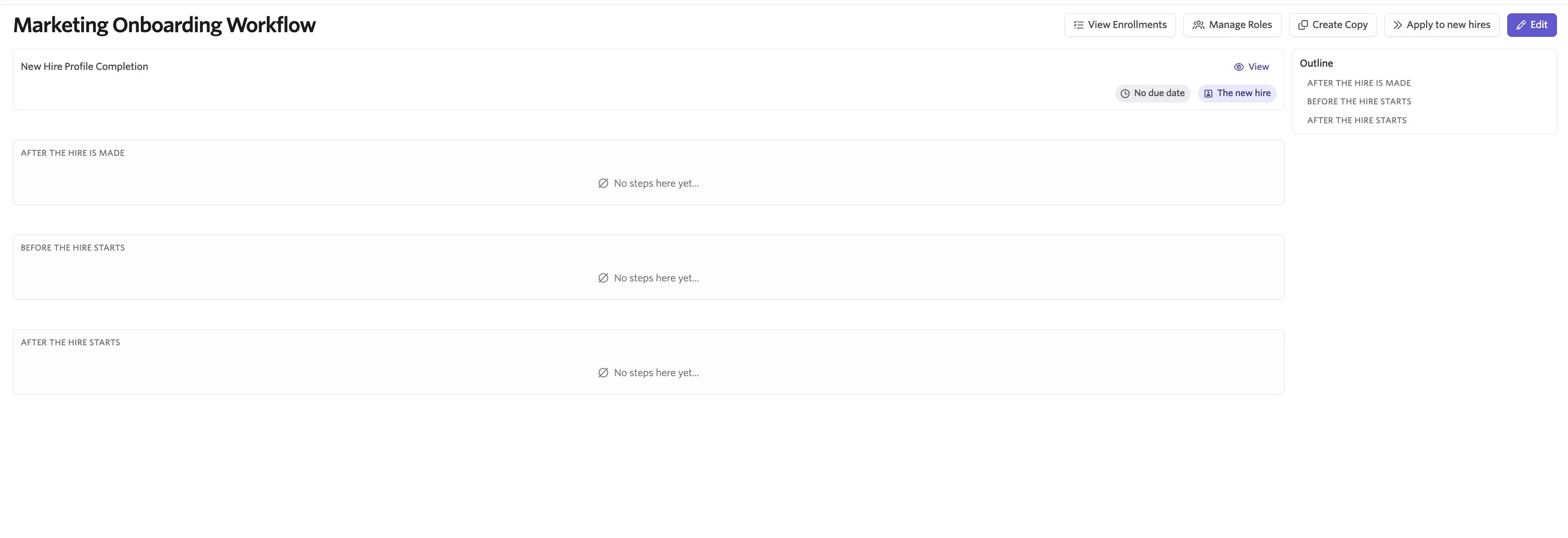 Screenshot showing a new workflow with the four sections.