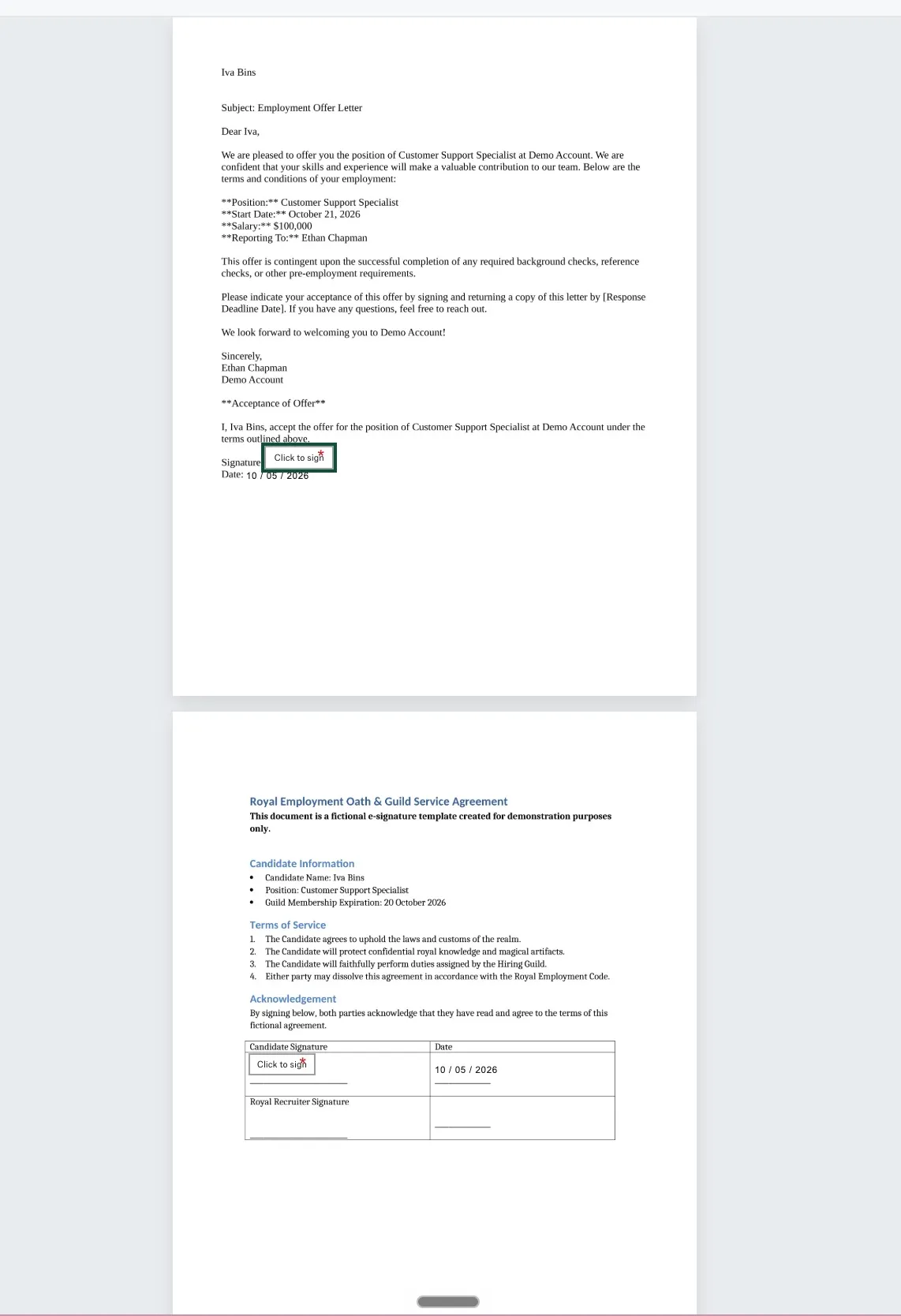 Offer packet preview in Dropbox Sign showing an employment offer letter and a Royal Employment Oath & Guild Service Agreement, with signature fields for the candidate. Offer packet preview in Dropbox Sign showing an employment offer letter and a Royal Employment Oath & Guild Service Agreement, with signature fields for the candidate.