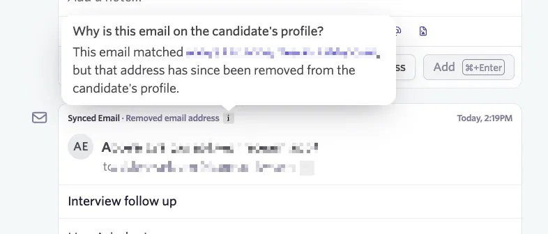 A tooltip showing that an email was synced to a candidate profile before the email address was removed from the candidate's profile.