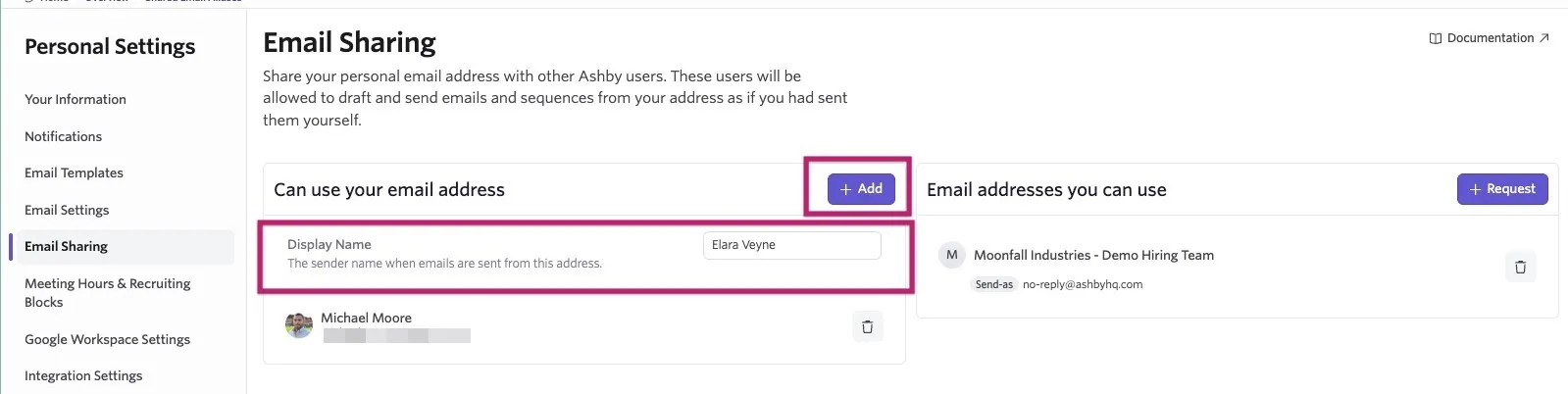 Email Sharing settings showing options to add users who can send from your email address, customize the sender display name, and request access to other shared email addresses. Email Sharing settings showing options to add users who can send from your email address, customize the sender display name, and request access to other shared email addresses.