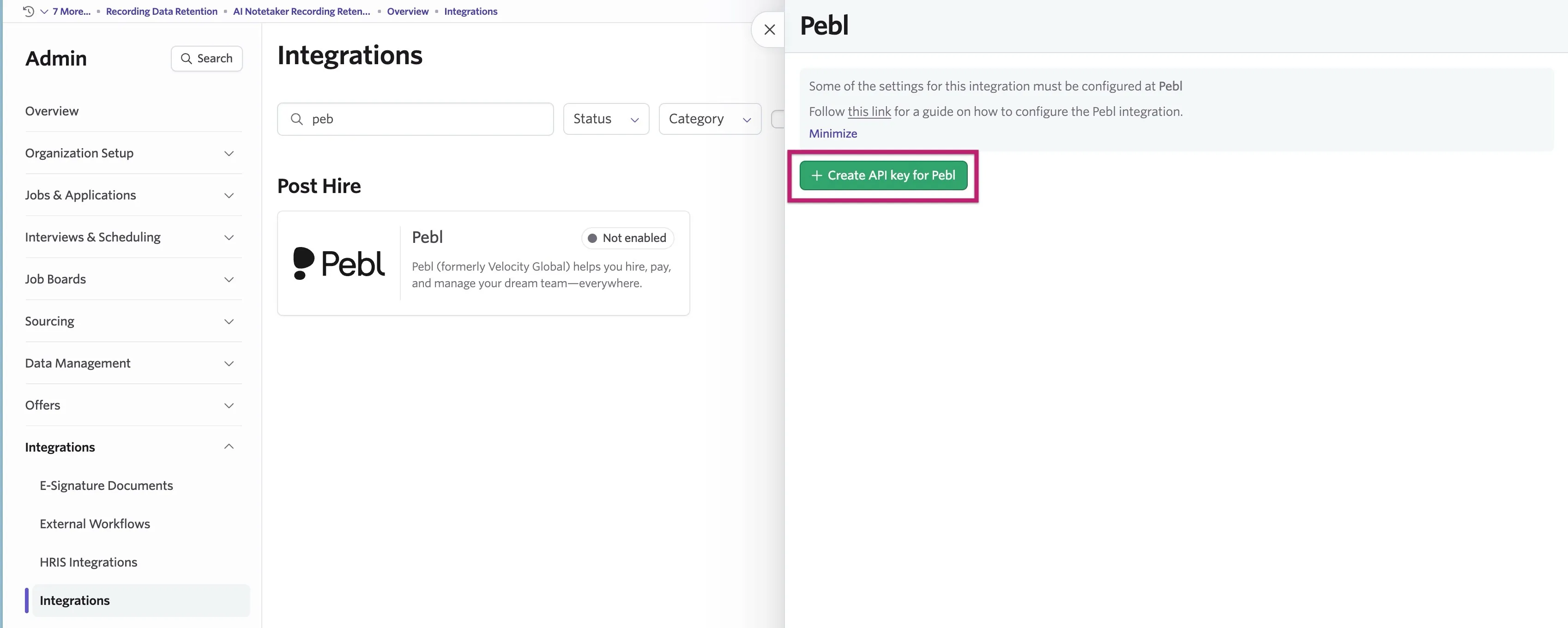 Ashby Admin Integrations page showing the Pebl integration panel, with the “Create API key for Pebl” button highlighted.