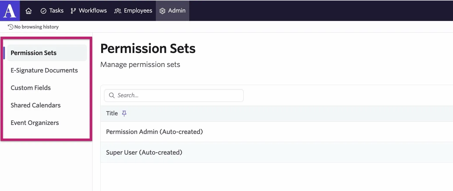 The screenshot shows the Admin page with the left-hand sidebar highlighted.