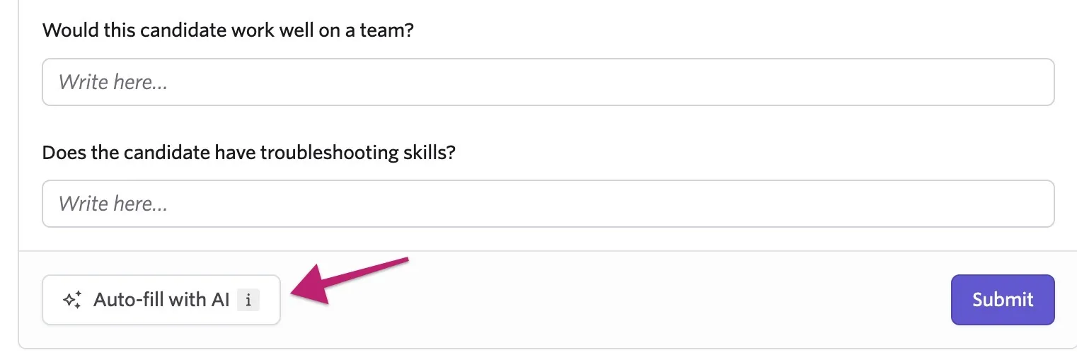 Screenshot of the feedback form in the interview briefing showing the Autofill with AI button at the bottom.